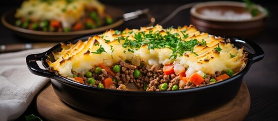 A casserole dish filled with a hearty combination of ground meat, vegetables, and potatoes, cooked to perfection. The dish showcases a delicious and comforting homemade meal that is ready to be shared