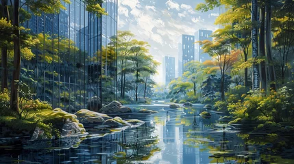 Foto op Canvas  A serene landscape painting capturing the essence of a tranquil forest scene, where the modern glass buildings © Ju Wan Yoo