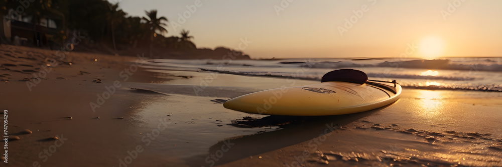 Wall mural serene sunset scene: a surfboard resting on the beach. 3:1 landscape banner and background style. sp