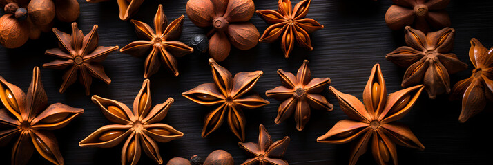 Magnified Glory Of Anise Stars: A Dramatic Showcasing Of Spices In Rustic Brown And Matte Black - obrazy, fototapety, plakaty