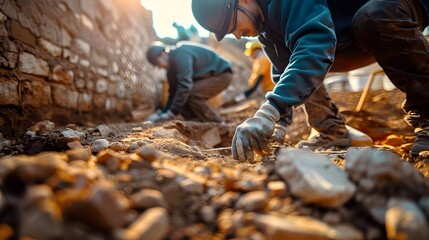 Construction Workers Digging Trench in Golden Light - obrazy, fototapety, plakaty
