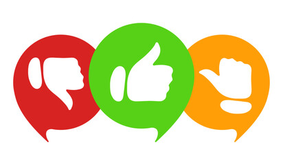 Like, dislike and average opinion. Hands, gestures in red, green and yellow speech bubbles. Feedback, social media, comment, contact us, share, review. Vector illustration - obrazy, fototapety, plakaty