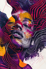 Collage, Vintage illustration afro woman. Vibrant poster for product, message frame, lips, pop art design. Illustration in style perspective-bending graffiti, intricate pen illustrator.