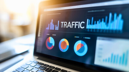 Closeup screen of the laptop or notebook device, displaying the colorful website traffic metrics, graphs and analytics for the ranking of the blog on the internet or web online,seo visitors statistics