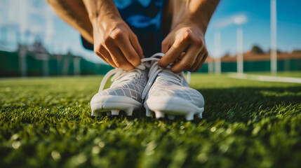 Closeup of the male football or soccer player, footwear young man tying his white shoes, boots or sneakers on the grass field outdoors on a sunny summer day