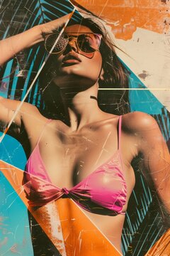 Collage, Vintage illustration of woman. Vibrant poster for product, message frame, lips, pop art design. Illustration in style perspective-bending graffiti, intricate pen illustrator.