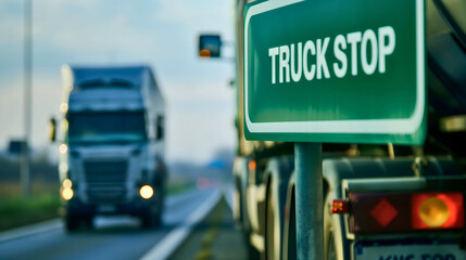 Green rectangle sign saying "Truck Stop." Trucks with trailers parked in the background,transportation profession or occupation, job in the industry lifestyle, business shipping of the goods, products