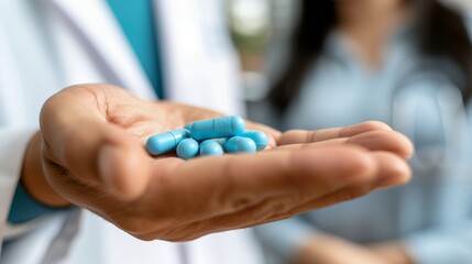Doctor giving blue pills to man, happy woman blurred background, healthcare and medication concept