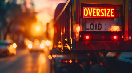 Oversize load on the truck moving through the city traffic, international transportation vehicle with goods and products to be shipped