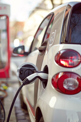 Close-up of a hydrogen gas (or electric) plug refilling a sustainable car. Green and clean mobility concept.