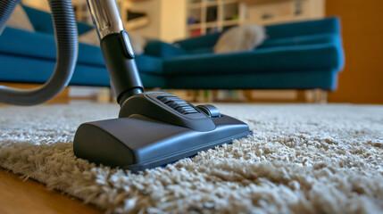 Closeup of the electrical vacuum cleaner cleaning the carpet on the house or home living room interior floor. Domestic household, hoovering, sweep over the dirt, housekeeping work