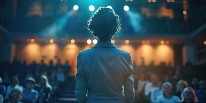 back view of a moderating woman in audience room for product presentation
