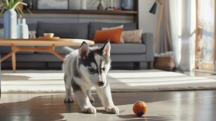 six week old husky puppy playing in a spacious living room
