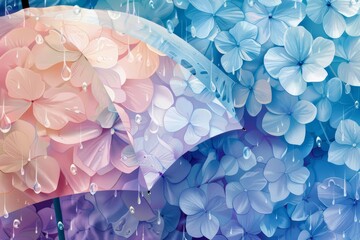 雨粒が落ちる紫陽花と花模様入りの傘のイラスト