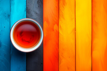 Top view of a tea cup on a multicolored wooden background with blue, black, orange, and yellow stripes.