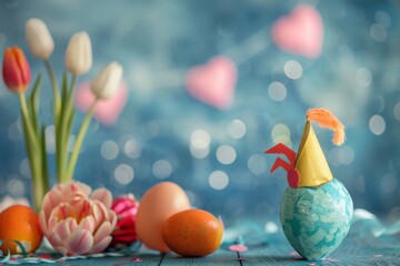 Fototapeta na wymiar Celebratory Easter Egg and Tulips with Party Vibe