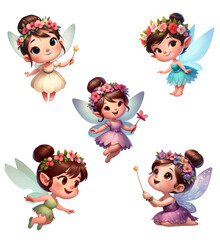A set of cute cartoon Pixie Fairies isolated on a transparent background 