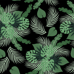 Seamless pattern with hand drawn tropical monstera and palm leaves on black background.