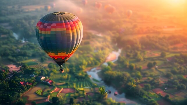 Sunny Morning with Colorful Hot Air Balloons over Rural Landscape