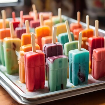 A tray of colorful Mexican paletas (popsicles) in various flavors