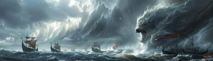 Fenrir's howl, Viking longships in the foreground, stormy Nordic seascape - obrazy, fototapety, plakaty