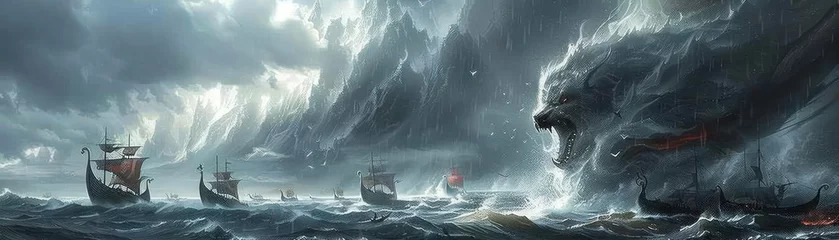 Foto op Canvas Fenrir's howl, Viking longships in the foreground, stormy Nordic seascape © Fay Melronna 