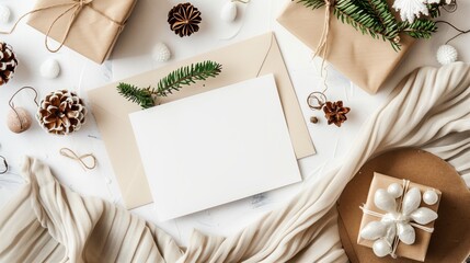 white Greeting Card, in the style of soft renderings,handcrafted designs, style of zara home and ASOS, top down view, flat lay, min minimalist.