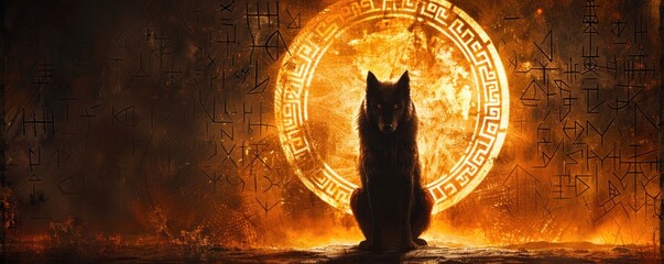 Fenrir's shadow looming over Viking runes, midnight sun in the backdrop