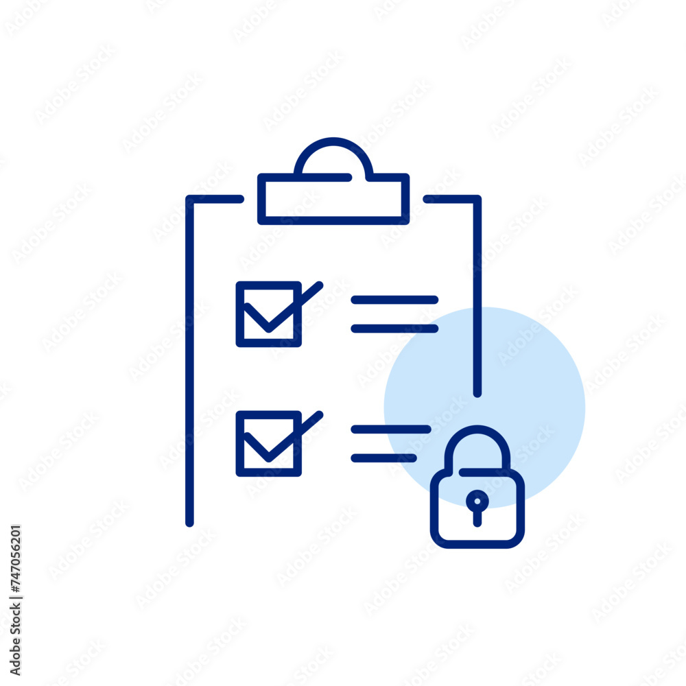 Poster checklist on clipboard and lock. secure data. pixel perfect, editable stroke icon