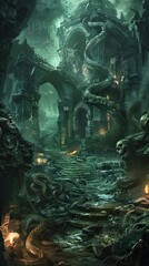 Gorgons' lair, eerie mist, snakes slithering over treasure and bones