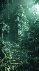 Gorgons' lair, eerie mist, snakes slithering over treasure and bones - obrazy, fototapety, plakaty