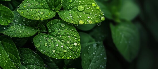 Freshness of Nature: Vibrant Green Leaves Glistening with Water Droplets