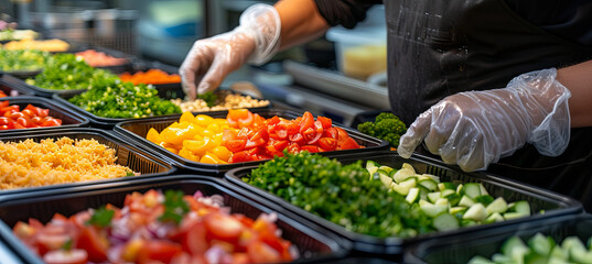 An employee at a hotel buffet, where a halal kitchen is in operation, is wearing protective gloves. They are putting together a variety of salads and side dishes - obrazy, fototapety, plakaty