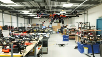 Fototapeta premium A drone hovers in focus above many others in a modern tech workshop, showcasing innovation and development.