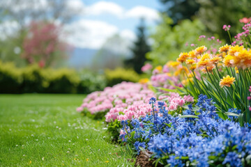 Colourful tulip garden in spring, easter background - obrazy, fototapety, plakaty