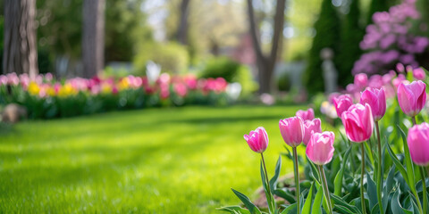 Fototapeta premium Colourful tulip garden in spring, easter background , banner