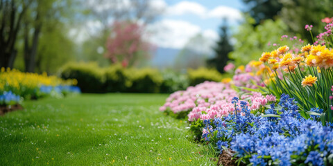 Colourful tulip garden in spring, easter background , banner - obrazy, fototapety, plakaty