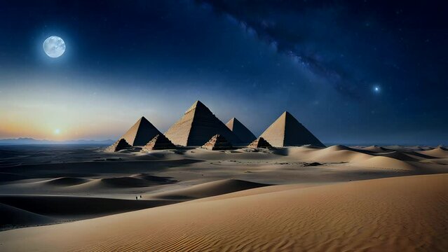 View of the pyramids at night. Pyramid animation video at night with starry sky and shady moonlight in egypt