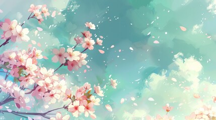 Soft pastel pink cherry blossoms in serene mint green mist, creating a tranquil and dreamy scene