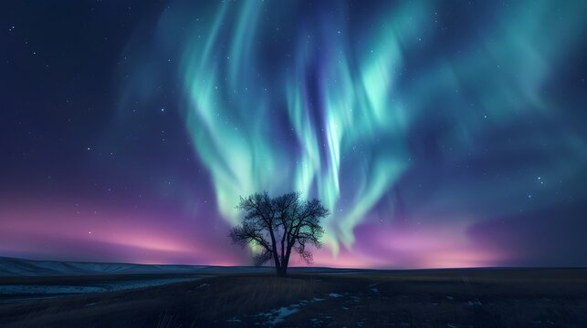 Aurora Borealis over a Tree in a Dreamy Landscape