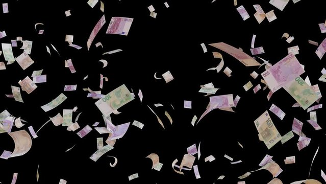 Falling Euros. 50-100-500 Euro rain Alpha channel PNG codec (only original 4K version) transparent background. Streamlabs OBS Overlay. Making money, reward, high expenses, donation and wealth concept