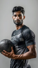  Capture the intensity and determination of a professional Indian football player as he stands in a powerful pose, holding a football, and dressed in a crisp black and grey jersey. Set against a clean