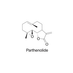 parthenolide skeletal structure diagram.Sesquiterpene compound molecule scientific illustration on white background.