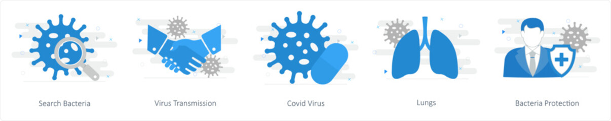 A set of 5 Mix icons as search bacteria, virus transmission, covid virus