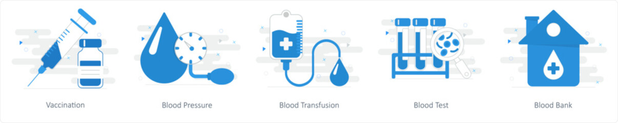 A set of 5 Mix icons as vaccination, blood pressure, blood transfusion