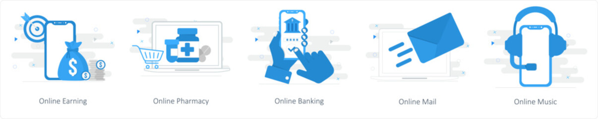 A set of 5 Mix icons as online earning, online pharmacy, online banking