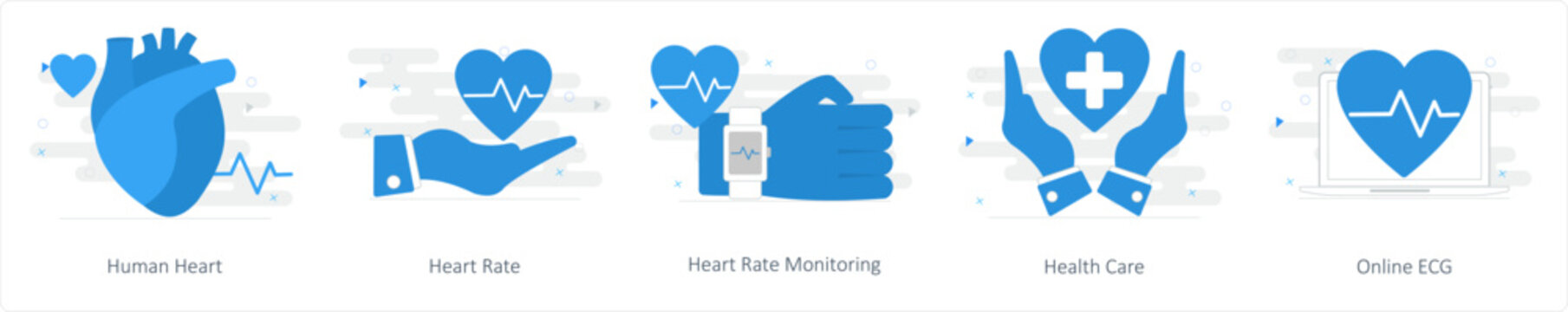 A set of 5 Mix icons as human heart, heart rate, heart rate monitoring