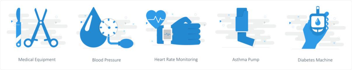 A set of 5 Mix icons as medical equipment, blood pressure, heart rate monitoring - obrazy, fototapety, plakaty