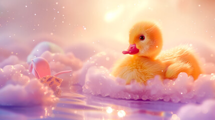 fluffy yellow duckling enjoying a serene moment in a sparkling, pink-hued watery landscape at sunset.