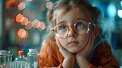 A cute smart girl in glasses holds an invisible virtual reality smartphone in her hand in a science classroom. - Powered by Adobe